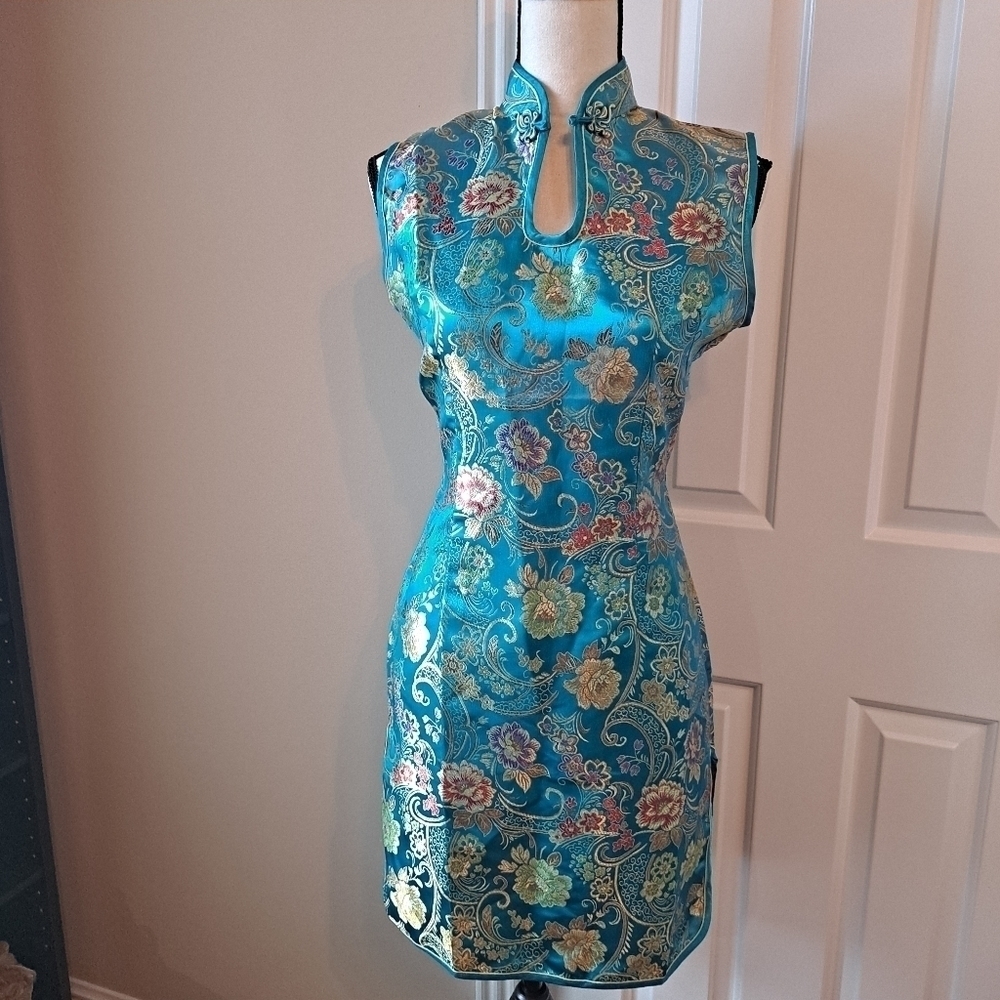 Huangchao Mandarin Collar Dress Size XL turquoise floral sleeveless - Picture 1 of 13